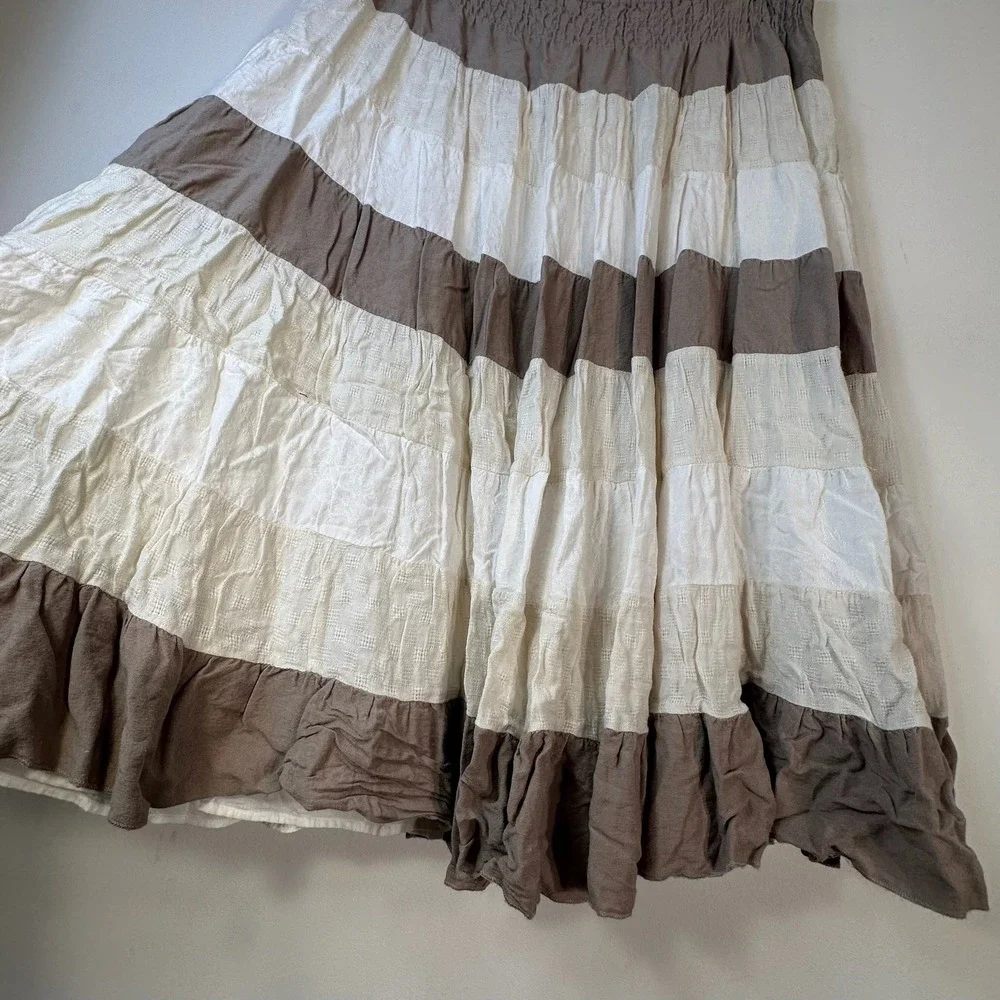 Coldwater Creek XL Taupe Cream Tiered Boho Midi Skirt Rayon Linen Cotton Smocked